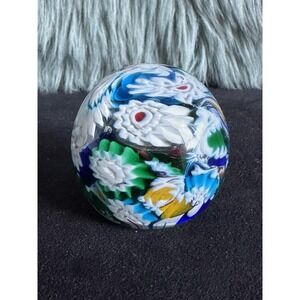 Vintage Art Glass Paperweight Multicolor Swirl Vortex Hand Blown Painted MCM